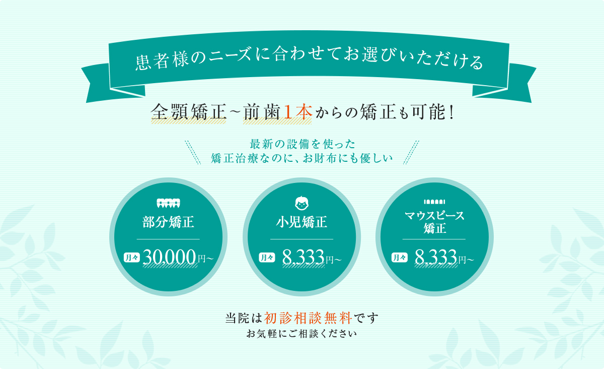 患者様のニーズに合わせてお選びいただける全顎矯正~前歯1本からの矯正も可能!